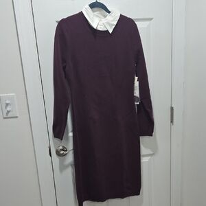 Etcetera Long Sleeve Sweater Dress with White Collar - Burgundy